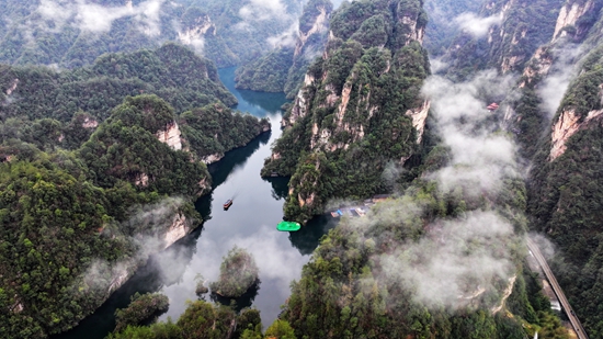 张家界宝峰湖景区雨后春光美 中外游客赏花观瀑陶醉其间