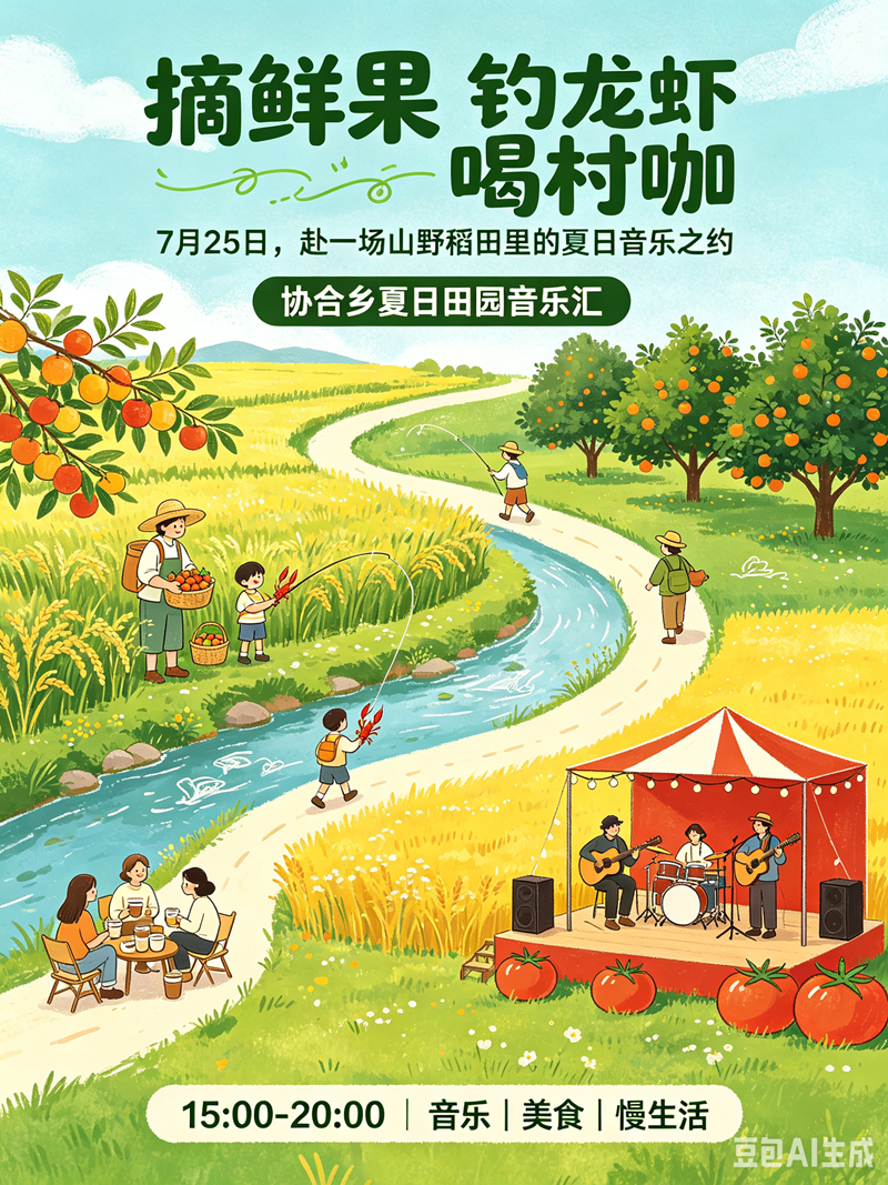 摘鲜果、钓龙虾、喝村咖！7月25日 赴一场山野稻田里的夏日音乐之约